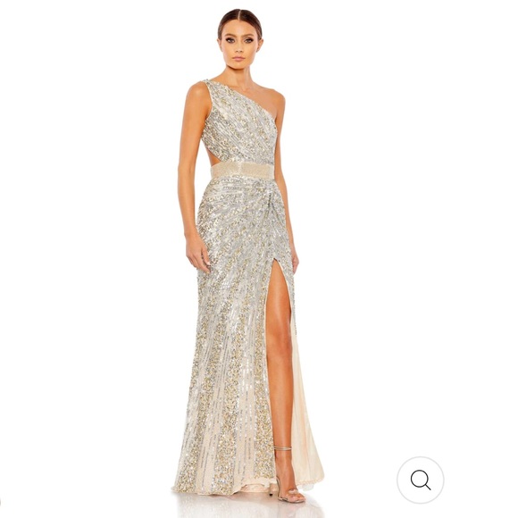 Mac Duggal Dresses & Skirts - One-Shoulder Silver Sequin Evening Gown with Thigh Slit